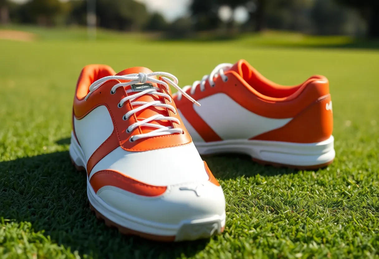 Bright orange and white Nike Lunar Control 3 golf shoes with a metallic grey logo