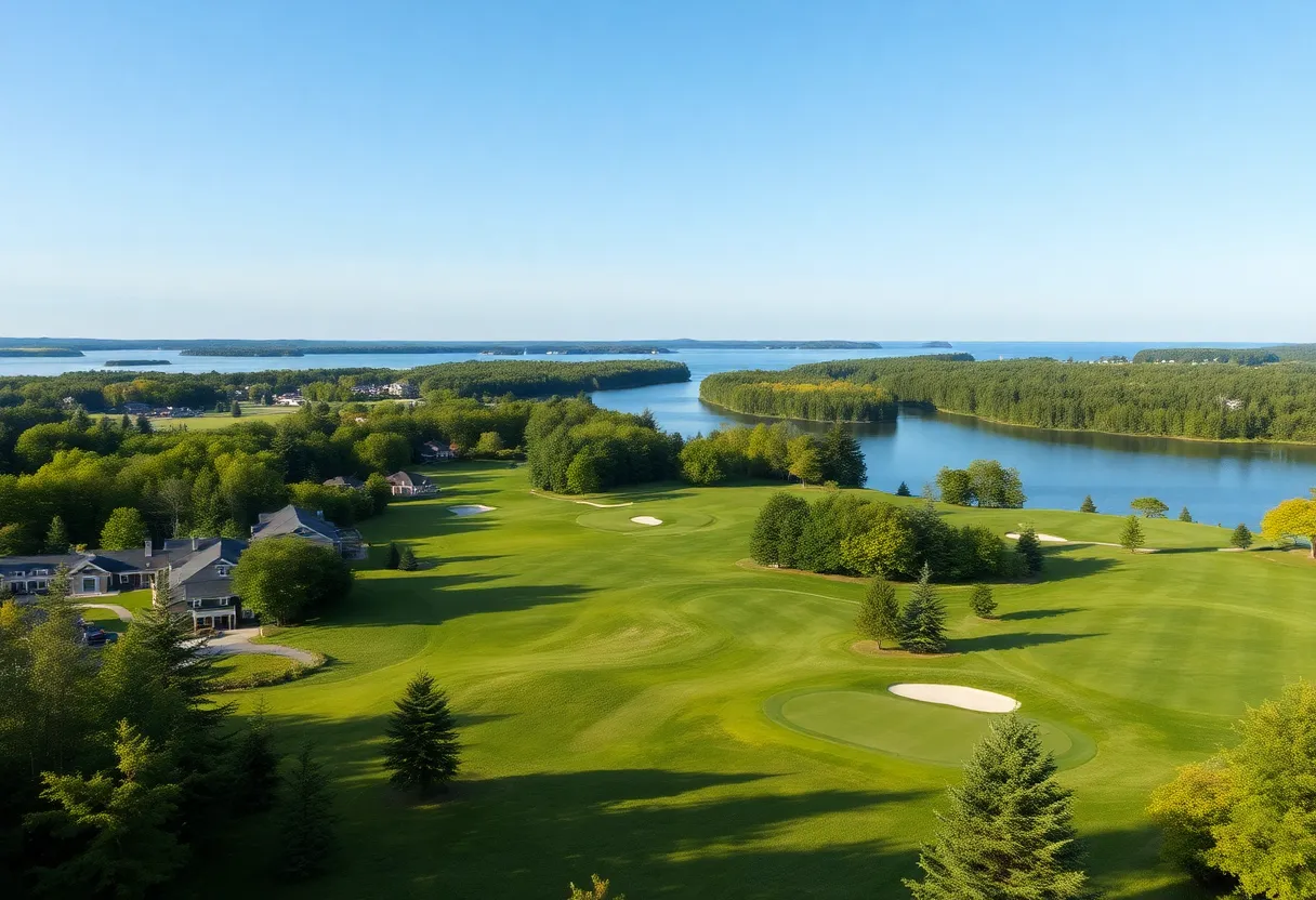 Scenic view of Otsego Resort golf course with lush greenery and a lake