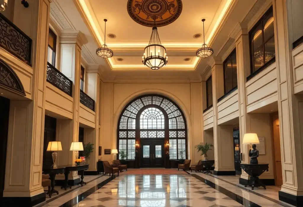 The lavish lobby of Palmer House, A Hilton Hotel, featuring historic decor.