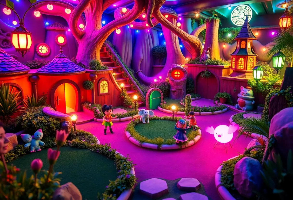 Fantasy-themed minigolf course with magical scenery and vibrant colors
