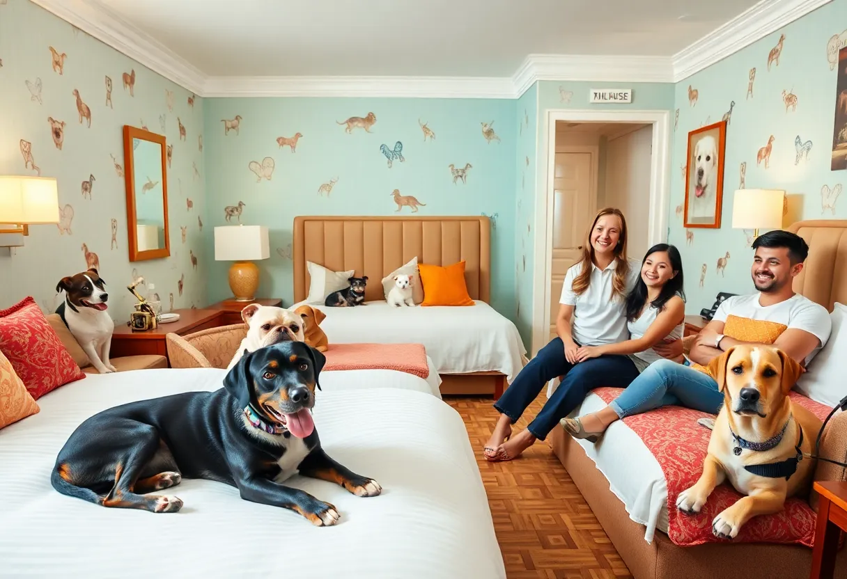 A dog enjoying a pet-friendly hotel room with cozy beds and pet amenities