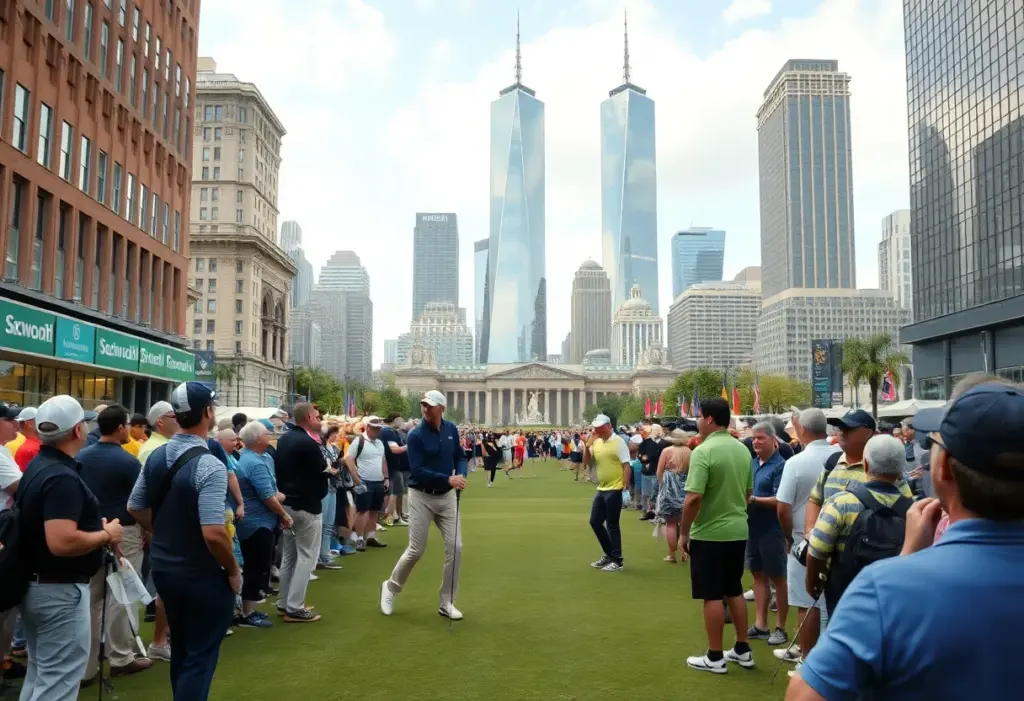 Urban golf tournament featuring fans and city skyline