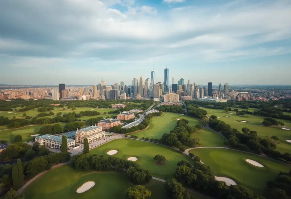 Golf course with city skyline in the background
