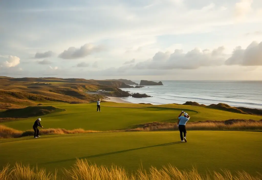 Professional golfer making an approach shot on a coastal golf course