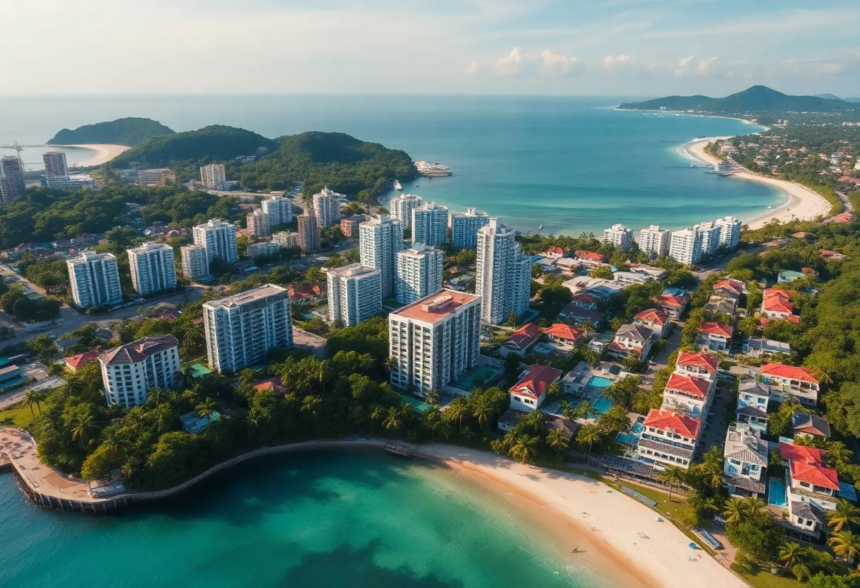 Aerial view of residential areas in Phuket with beaches and palm trees