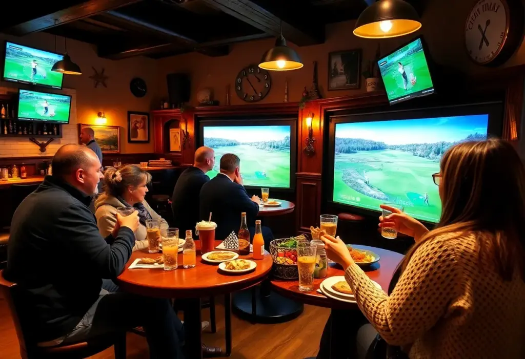 Group of friends playing golf on simulators at Poole's Public House