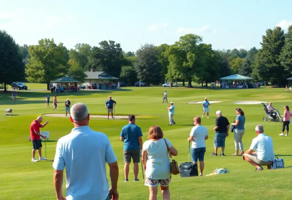 A scenic view of a public golf course with golfers and local culture showcased.