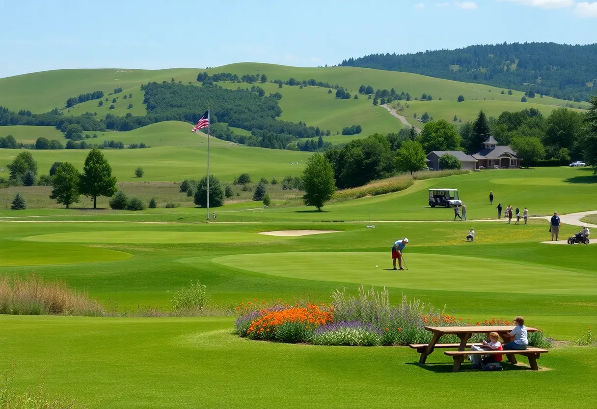 A picturesque public golf course with golfers and a vibrant community atmosphere.