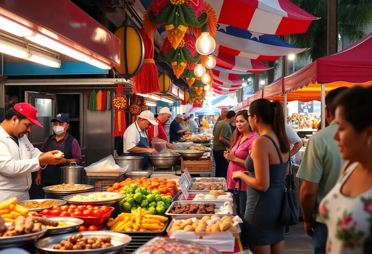 Guests enjoying a culinary festival in Puerto Rico with various food stations.