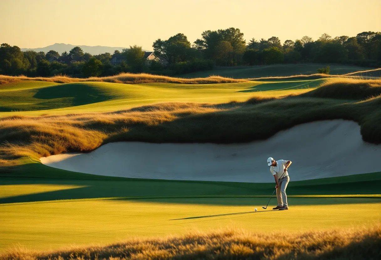 Golfer putting from a bunker on a golf course