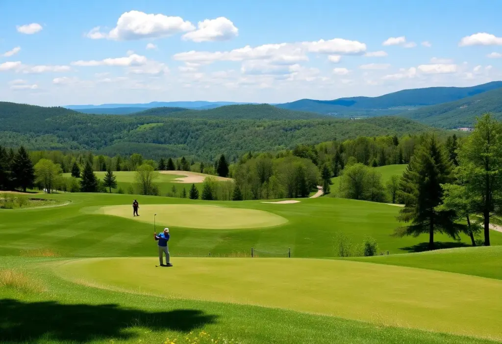 Scenic view of the revitalized Catskills golf course with golfers on the green.