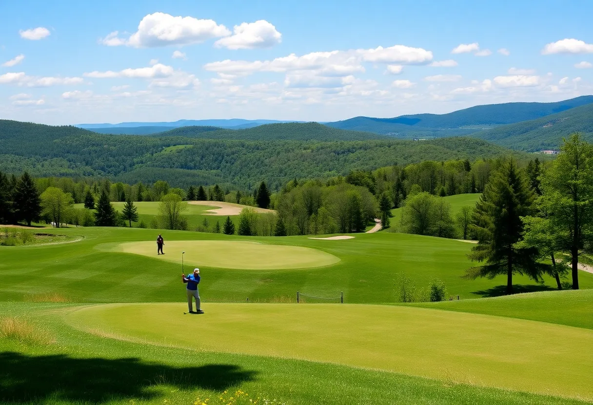 Scenic view of the revitalized Catskills golf course with golfers on the green.