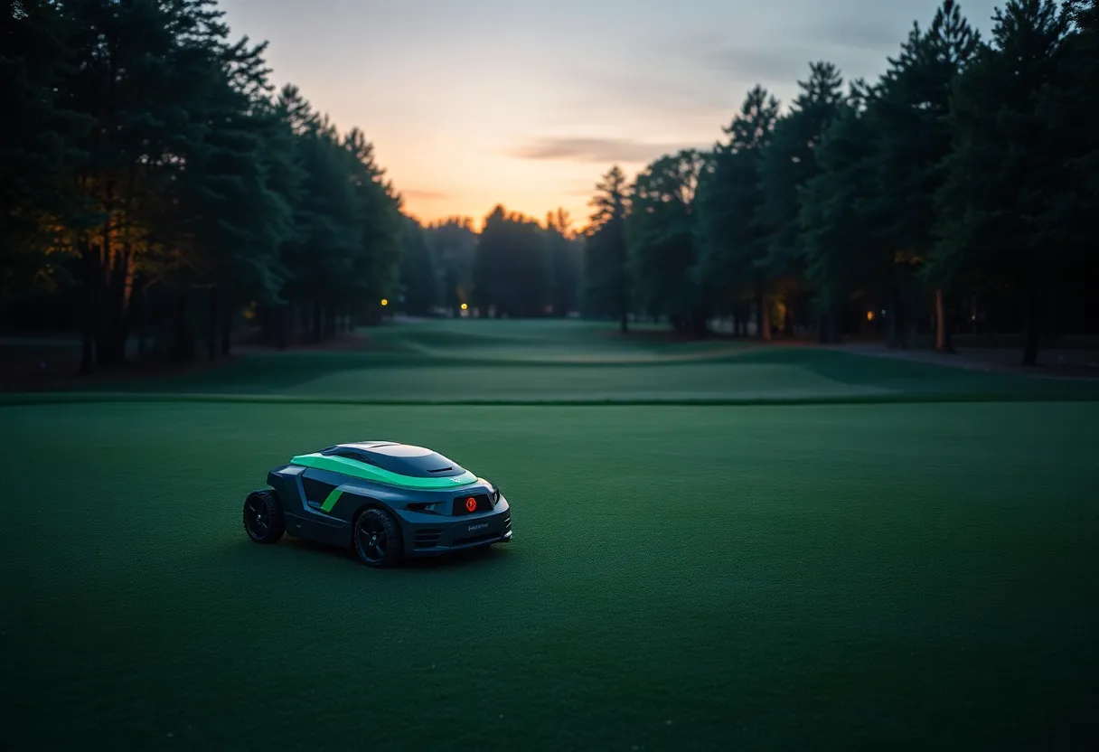 Robotic mower operating on a golf course green at dusk