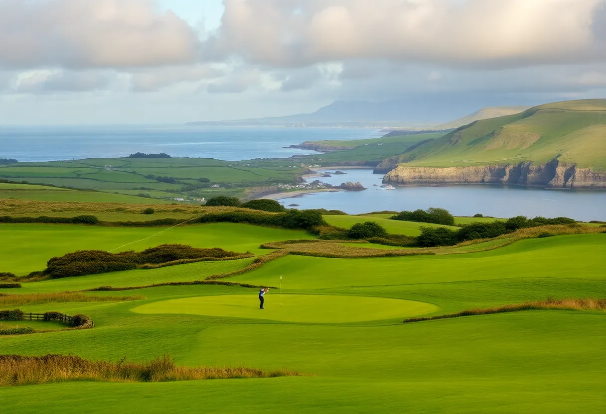 View of Royal County Down Golf Club with golfers on the course