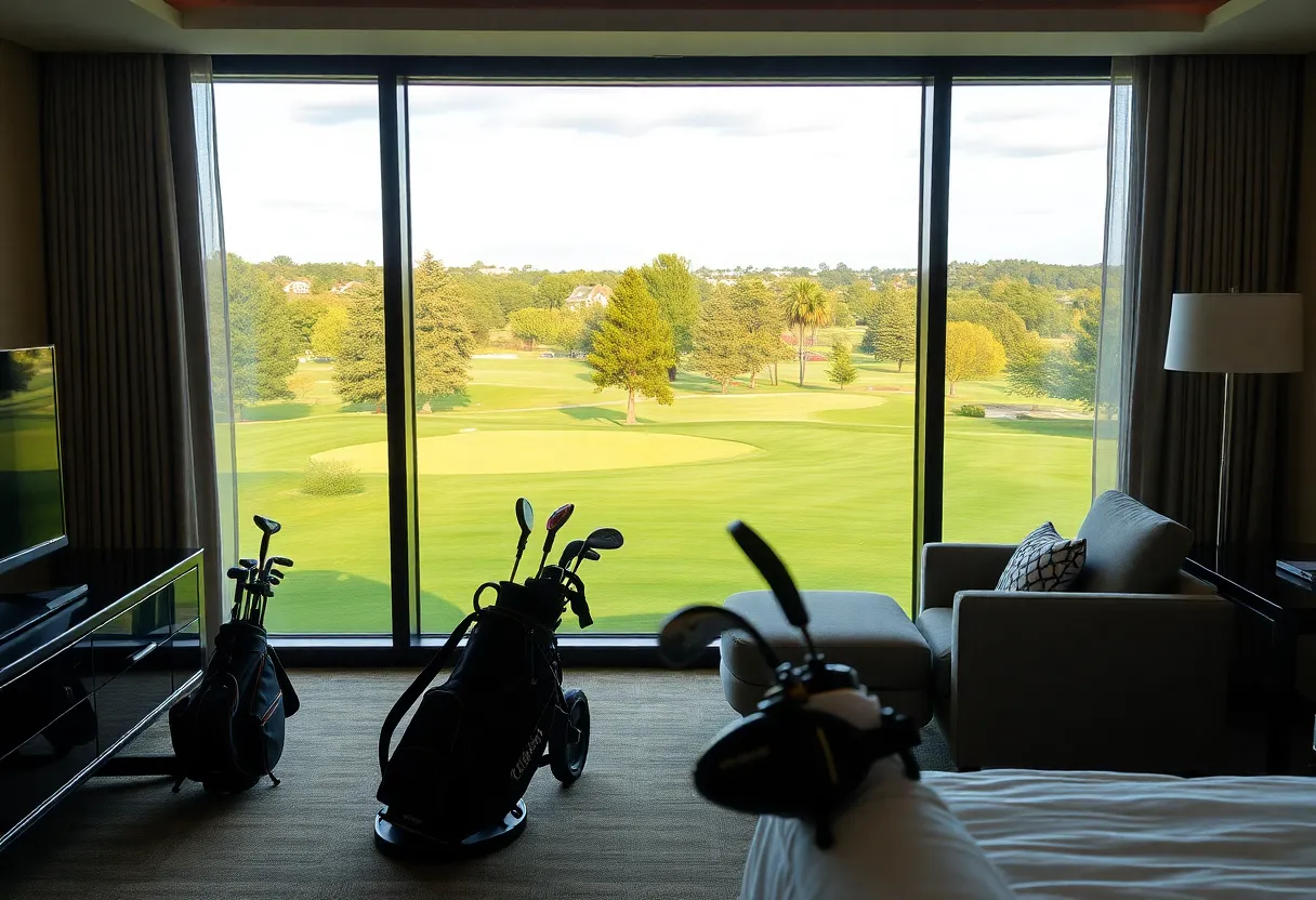 Luxurious hotel room with a view of a golf course