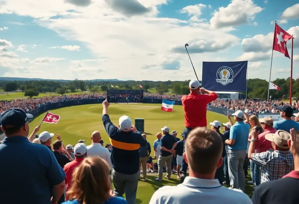 A lively scene depicting the excitement of the Ryder Cup with fans and a golf course.
