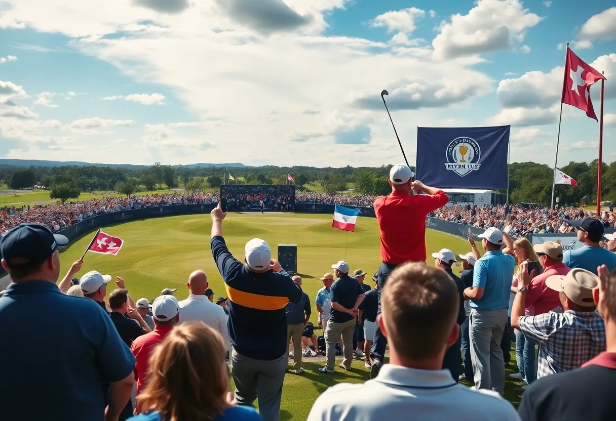 A lively scene depicting the excitement of the Ryder Cup with fans and a golf course.