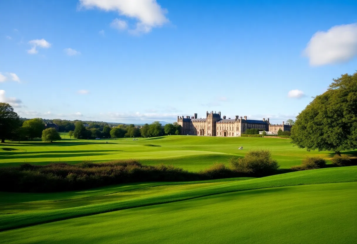Scenic view of a Scottish golf course with historical landmarks