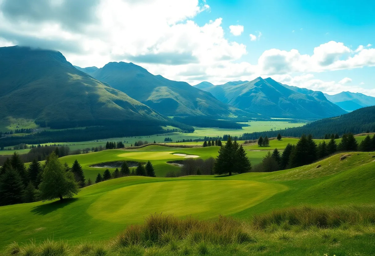 A beautiful golf course view in the Scottish Highlands under sunny skies.