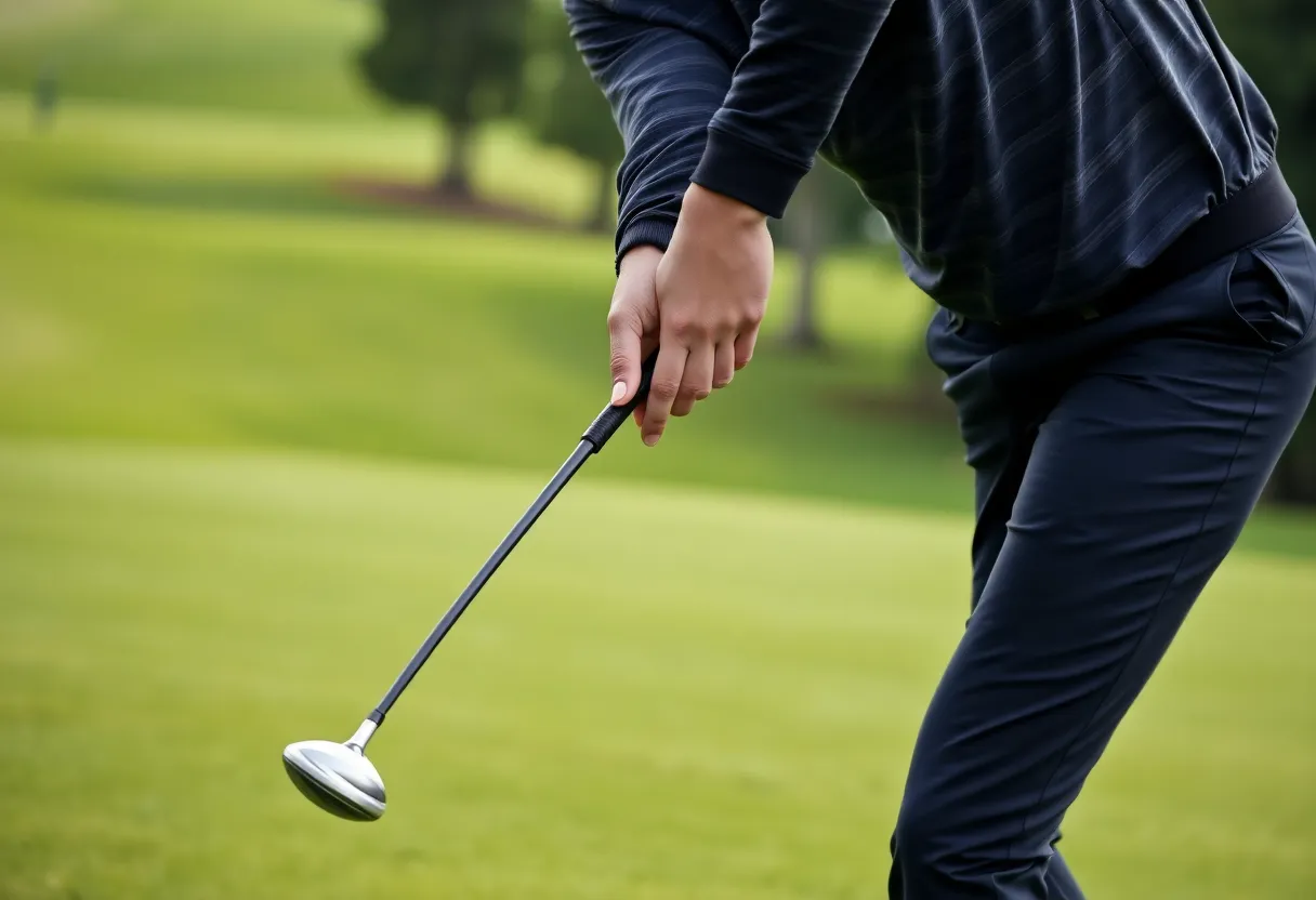 A golfer teeing off with a seven-wood club on a bright sunny day.