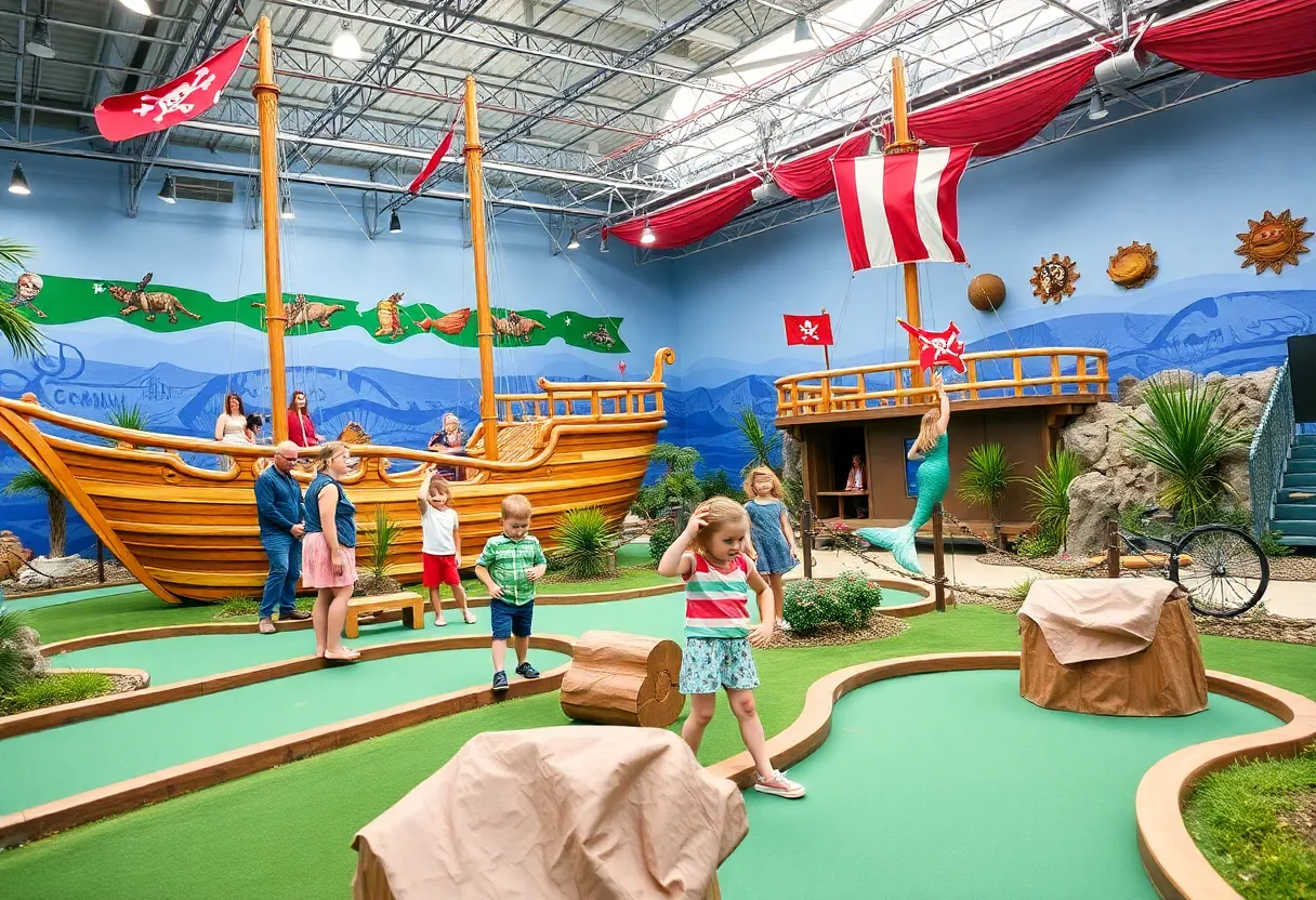 Families enjoying a pirate-themed mini golf course at Sky Pirates of Mermaid Bay.
