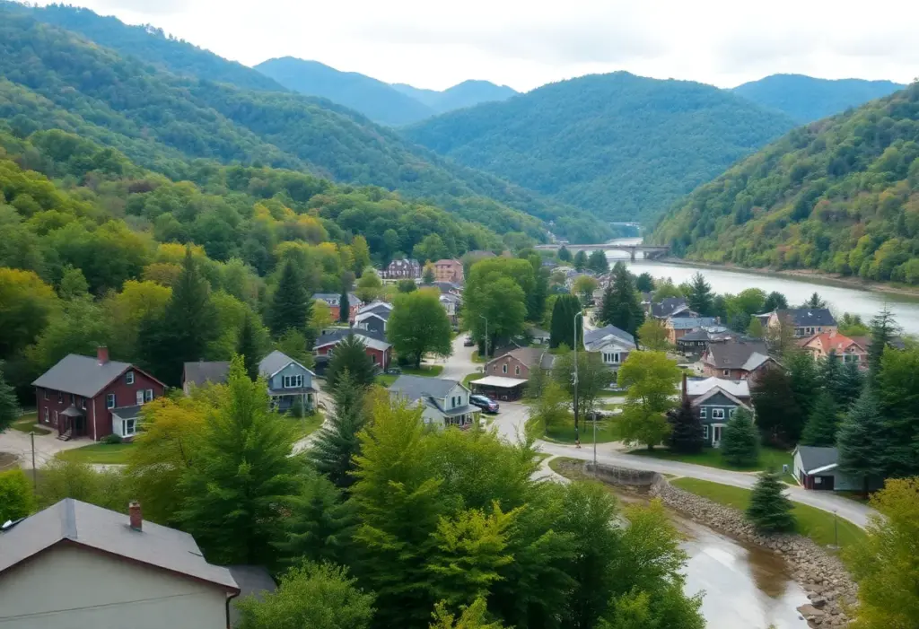 Scenic view of a small town in West Virginia with mountains in the background.
