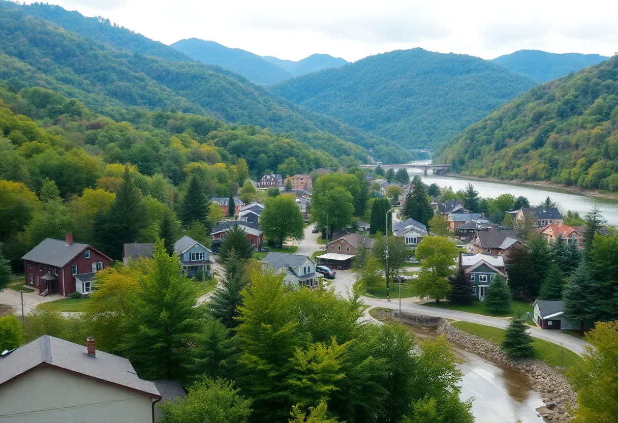 Scenic view of a small town in West Virginia with mountains in the background.