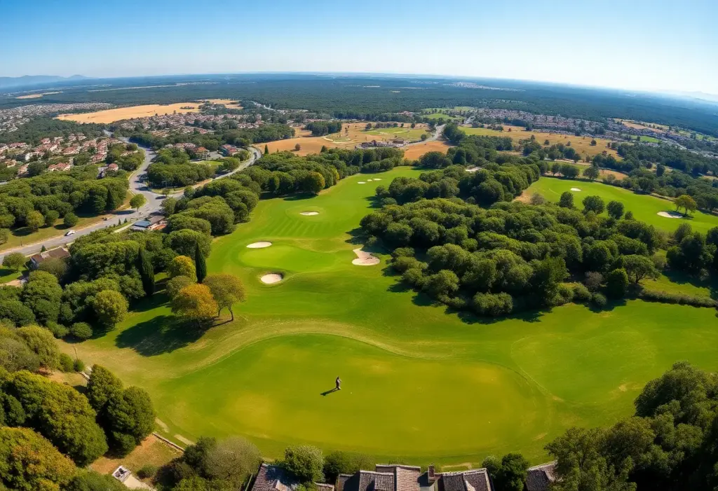 A beautiful view of golf courses in Sotogrande with golfers playing under the sun.