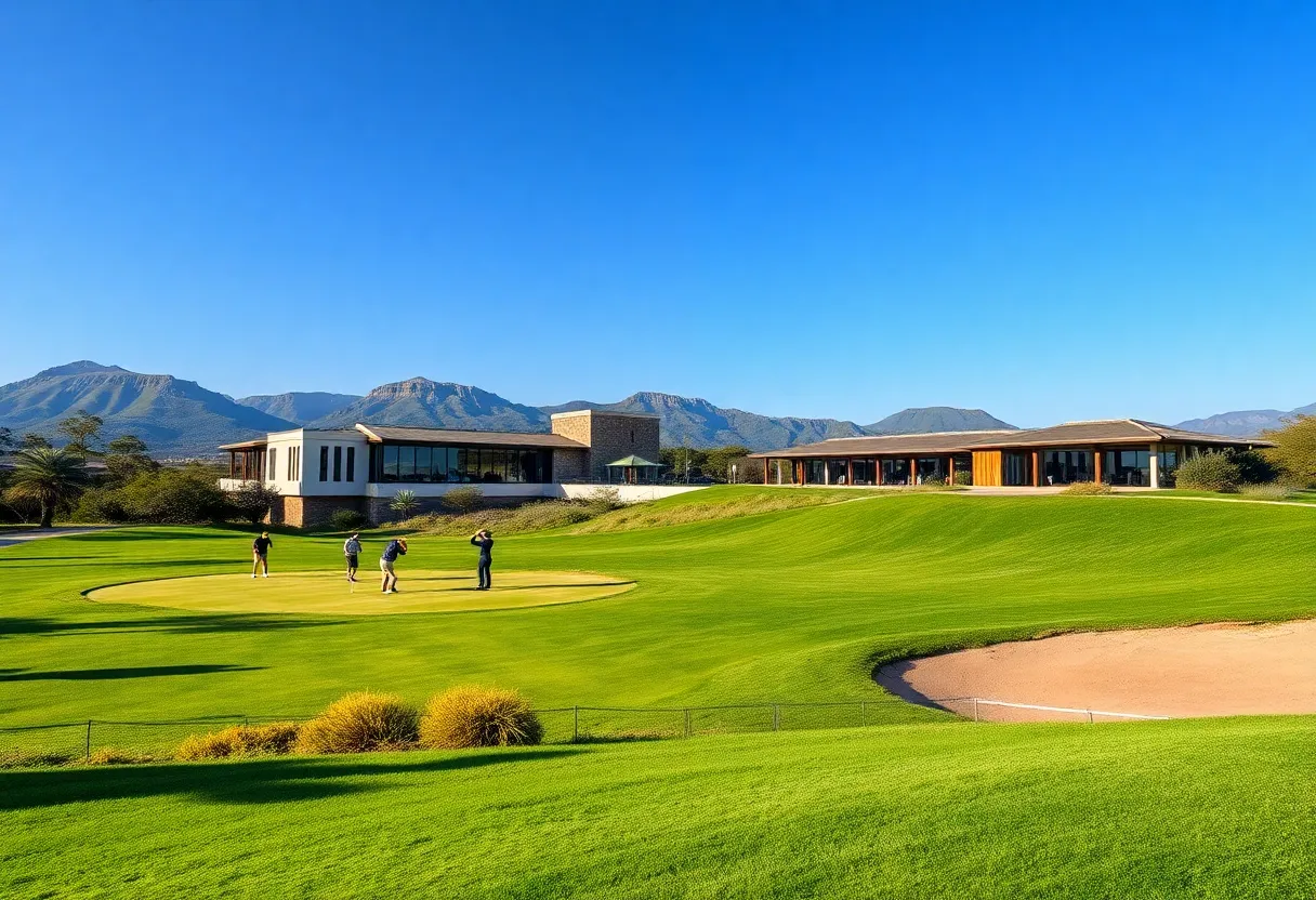 Lush South African golf course with players teeing off in a vibrant setting