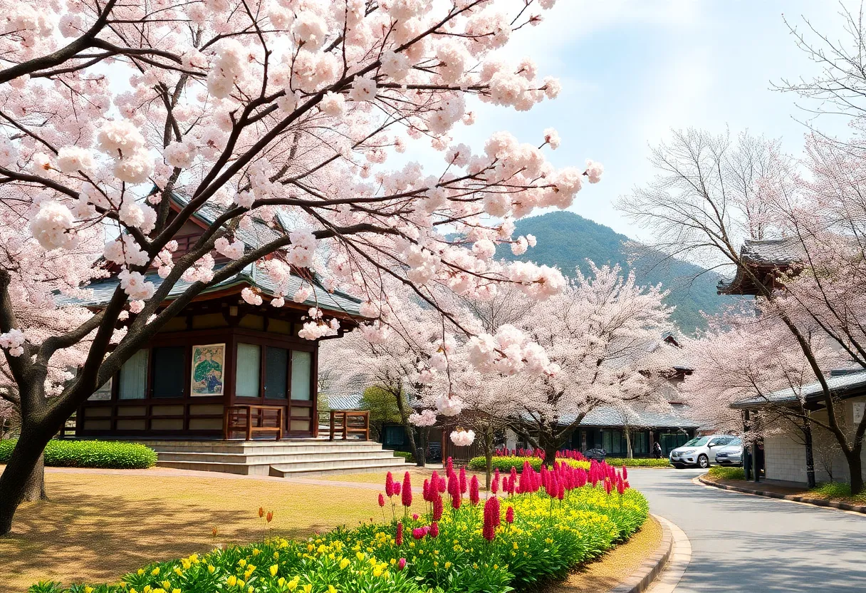 Cherry blossoms and seasonal blooms in spring