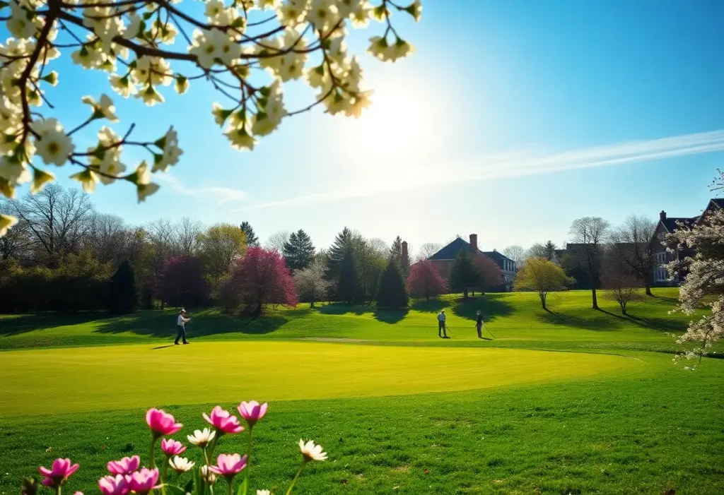 Golfers enjoying a sunny day at a beautiful golf course in spring.