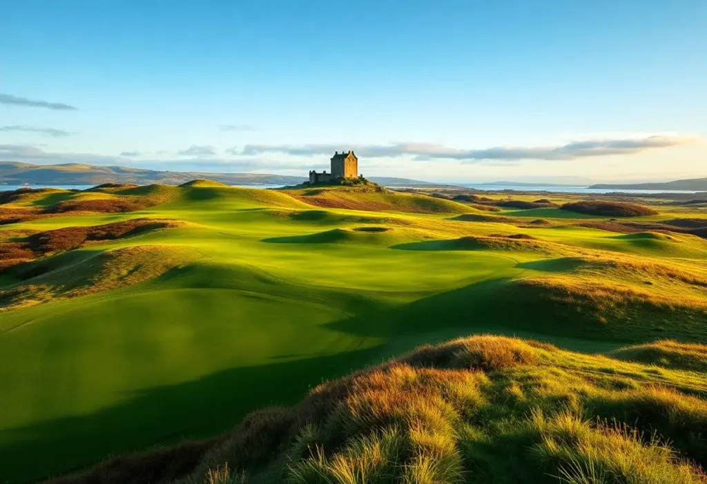 A beautiful view of a Scottish golf course with rolling hills and dramatic scenery