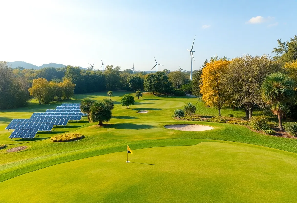 A beautiful golf course featuring sustainable energy sources and diverse flora.