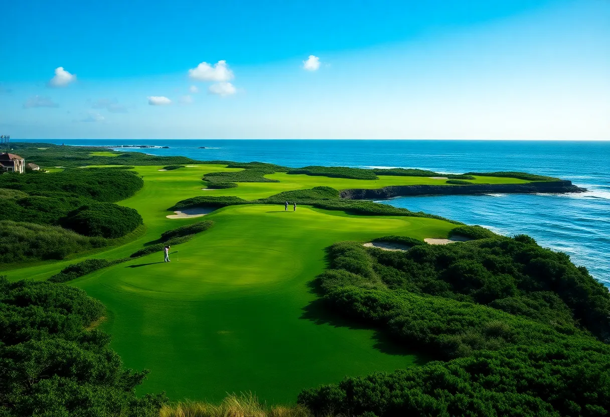Oceanfront holes of Teeth of the Dog golf course surrounded by lush greenery