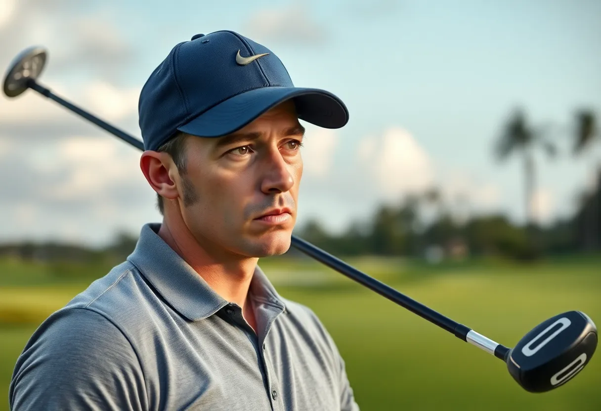 Golf scene with a professional golfer contemplating regulations