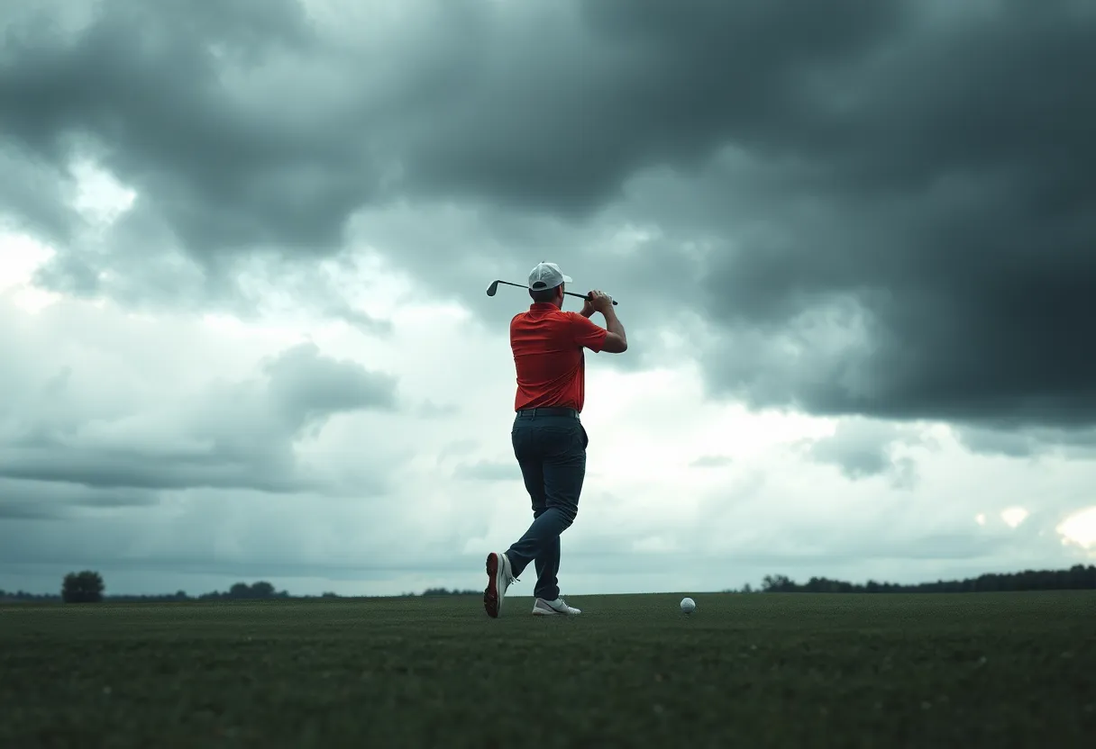 Dramatic scene of a golf course reflecting emotional turmoil.