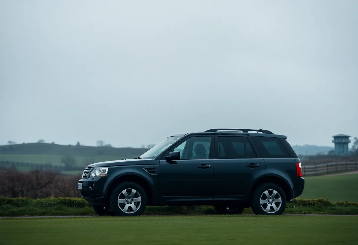 Golf course with Land Rover parked nearby