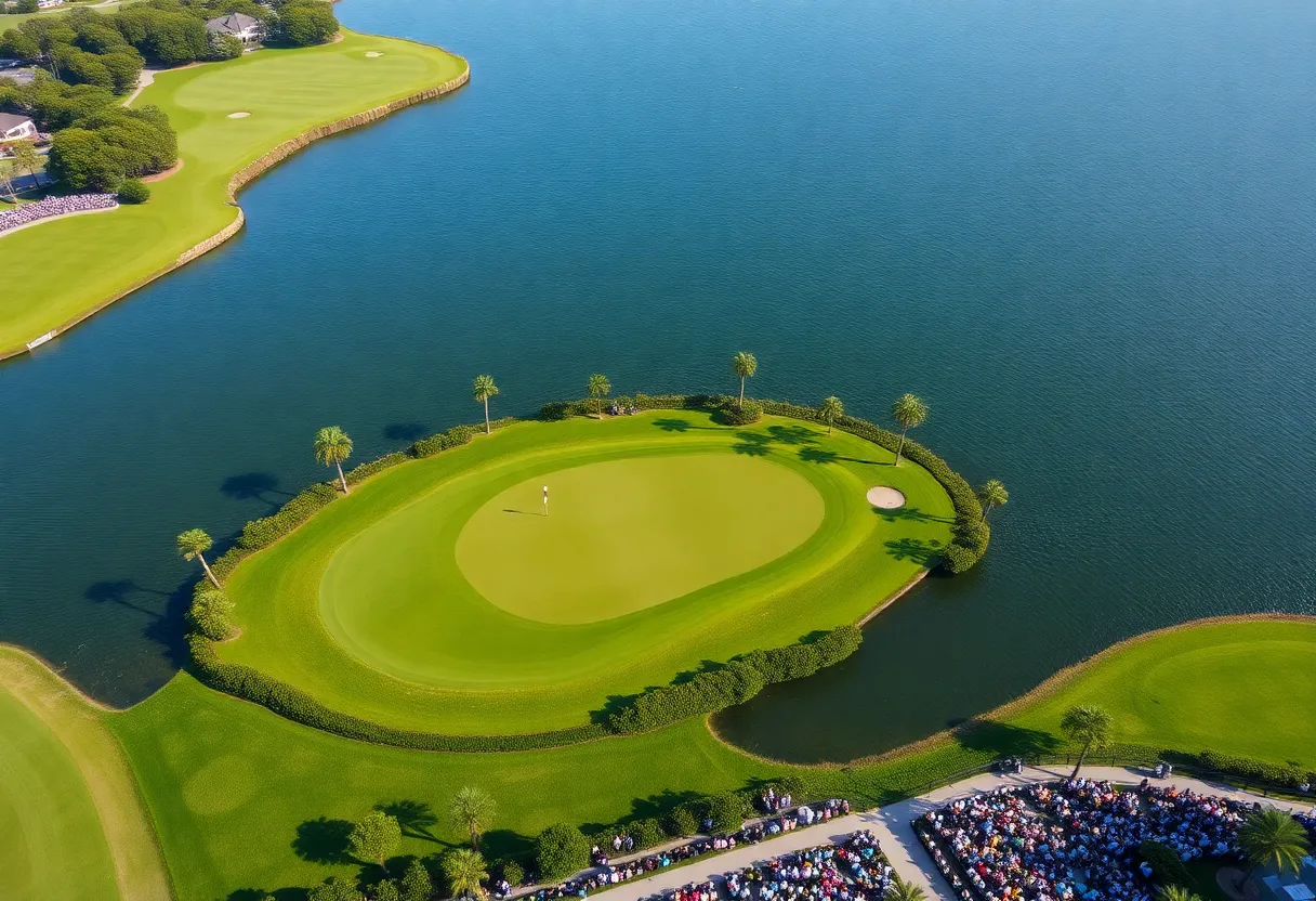 Aerial view of TPC Sawgrass 17th hole with fans watching