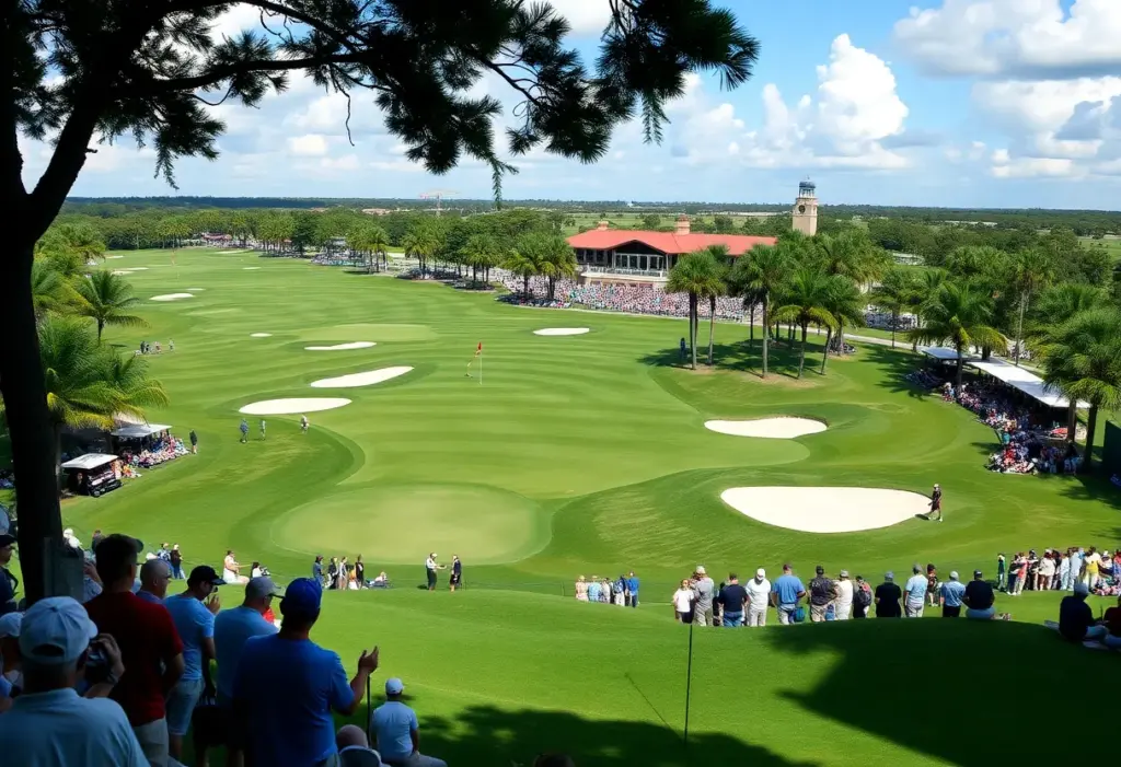 View of TPC Sawgrass golf course during a tournament with fans watching.