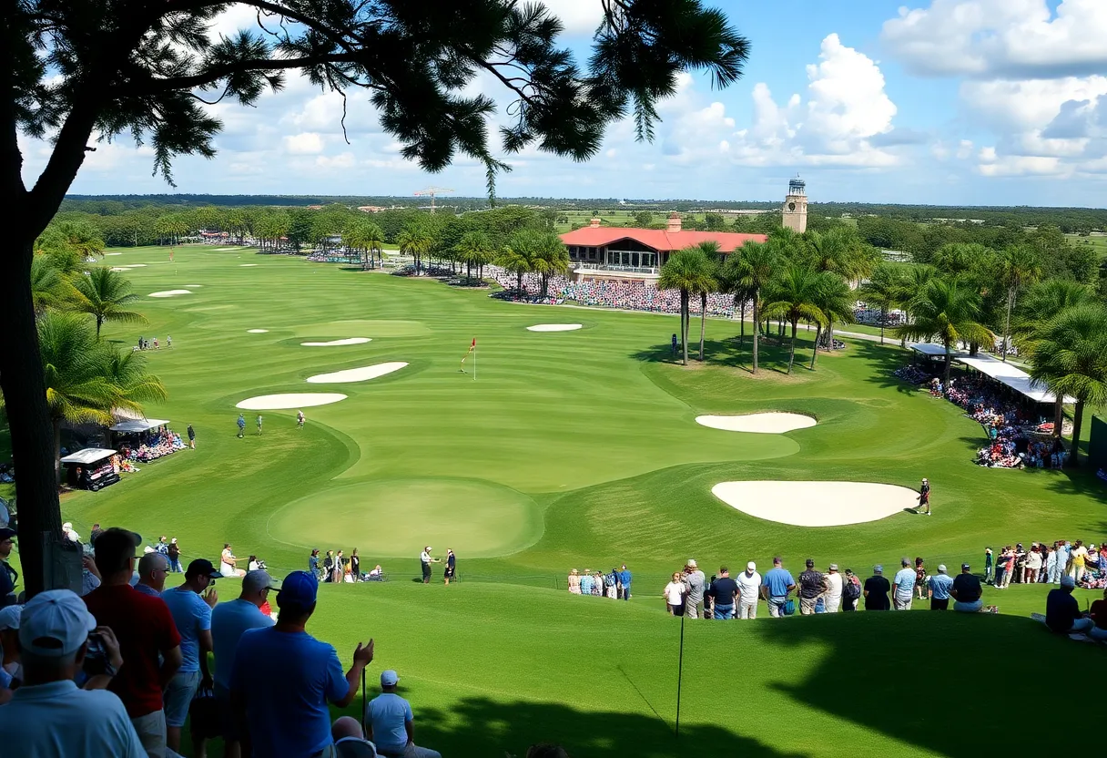 View of TPC Sawgrass golf course during a tournament with fans watching.