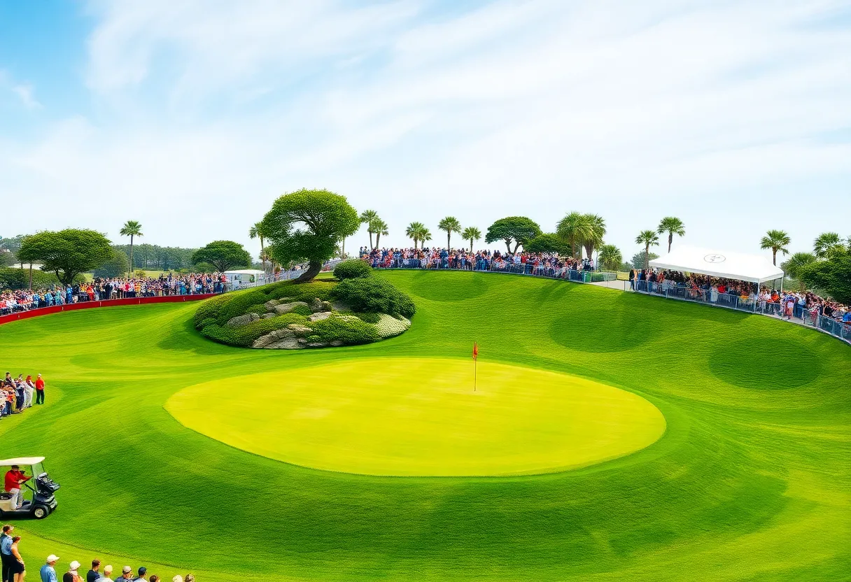 A stunning view of TPC Sawgrass showcasing its famous island green and challenging layout.