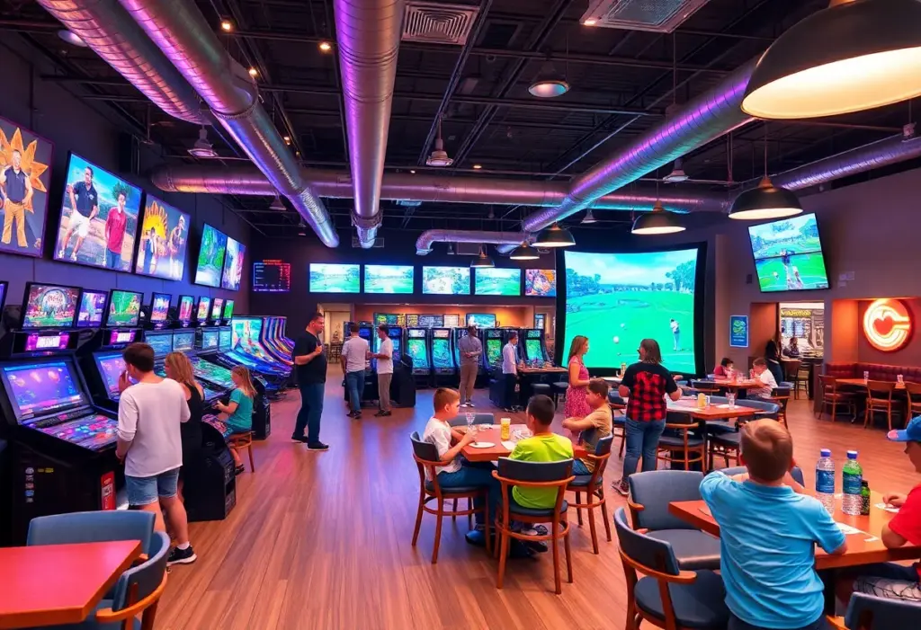 Interior view of Twisted Tees entertainment venue with sports and dining areas