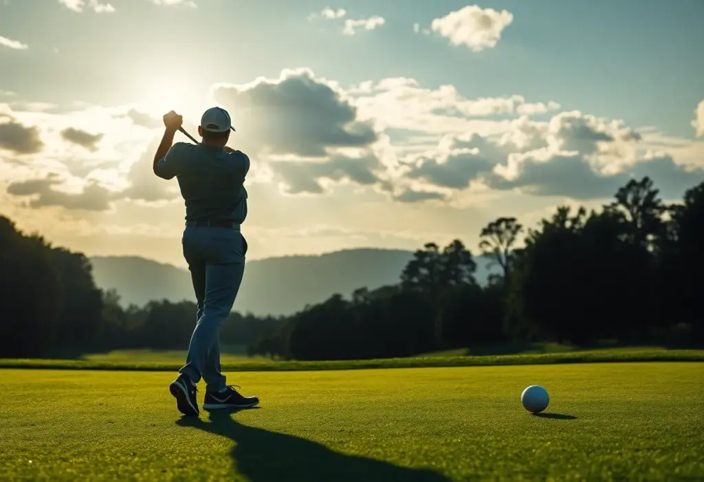 A golfer silhouetted against a vibrant sunset on a golf course.
