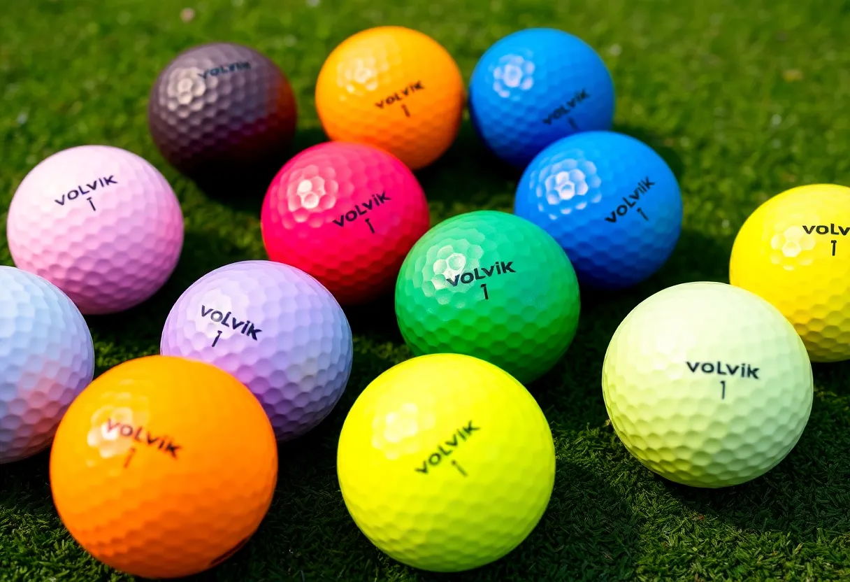 A variety of Volvik Condor golf balls in different colors on a golf course.