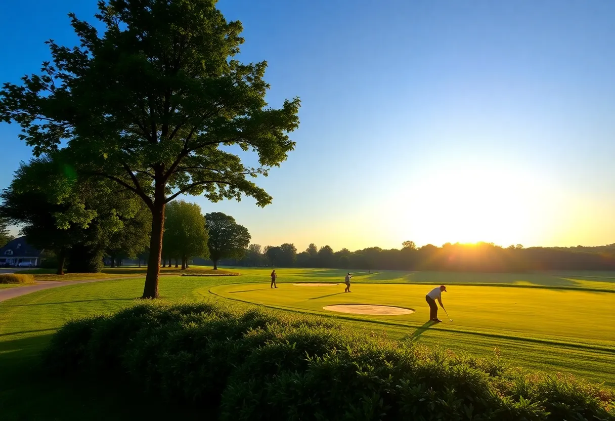 Golfers on a public golf course at sunrise