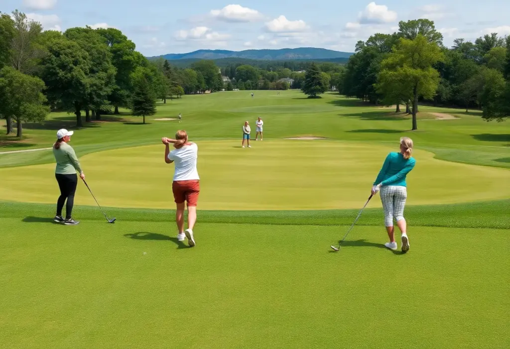 Women golfers playing on a golf course during a tournament.