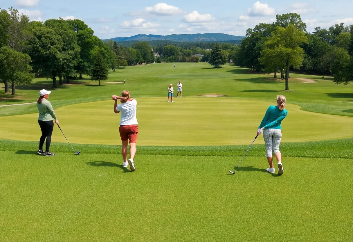 Women golfers playing on a golf course during a tournament.