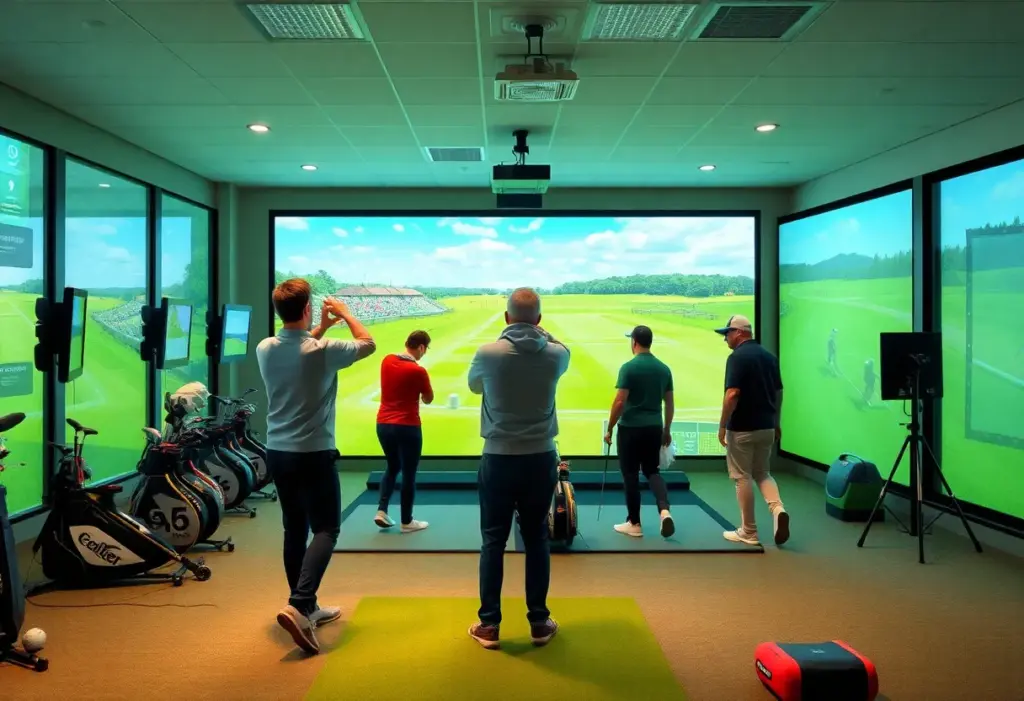 Indoor golfing scene at X-Golf with simulators and players