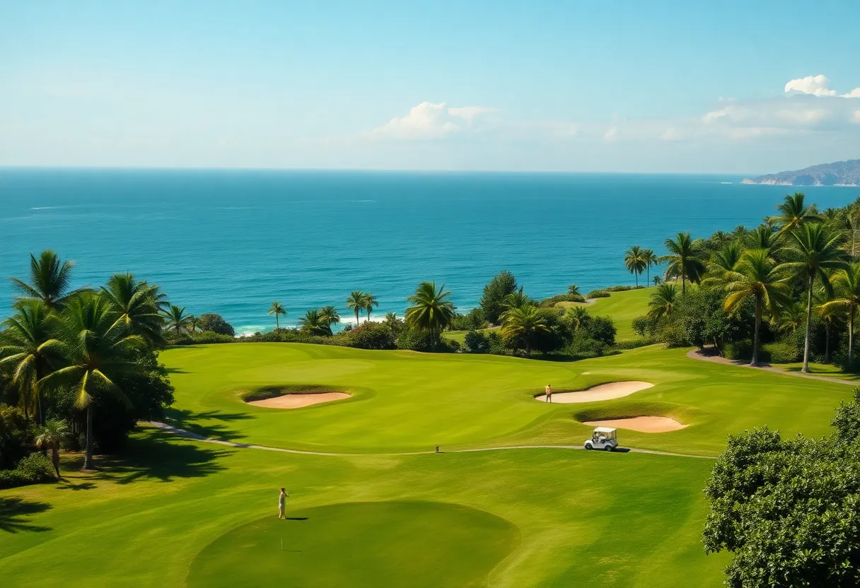 Golfers enjoying the scenic views at Apes Hill Barbados