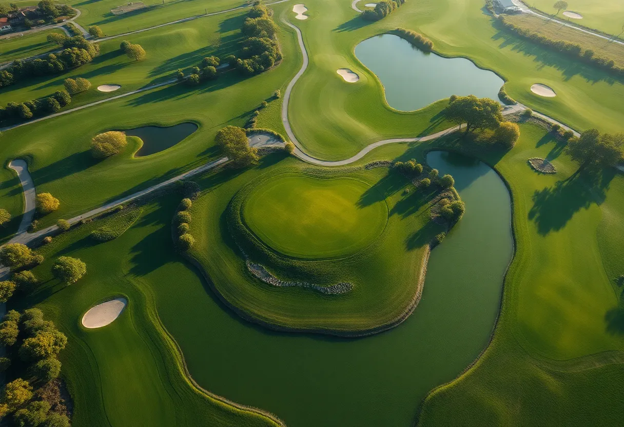Aerial view of Apple Island Green shaped like an apple at Apple Tree Resort